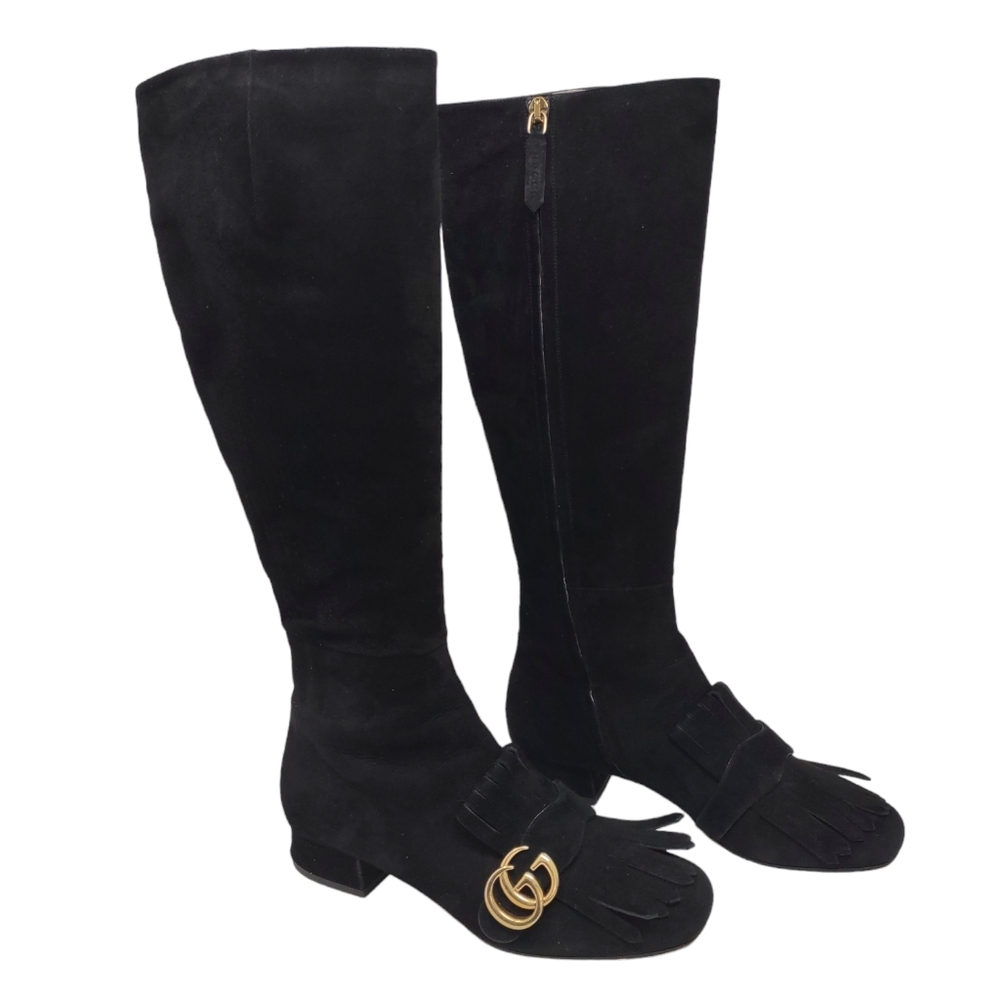 Gucci Size 36.5 Marmont Fringe riding black suede tall boots logo double G
